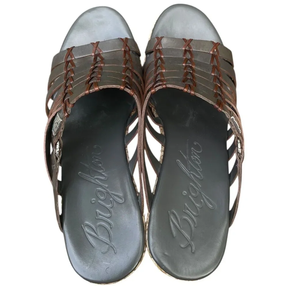 Brighton Denali Wedge Slide Sandal Women’s Size 8 Gray Brown Strappy Leather